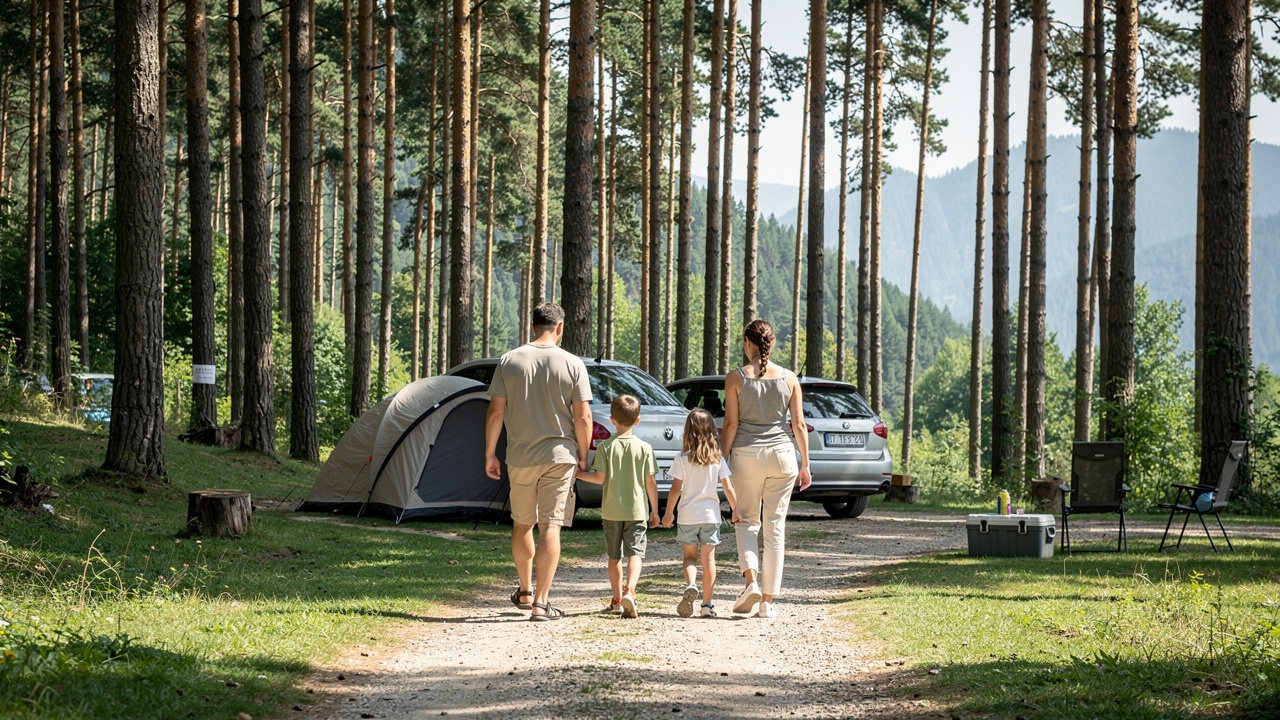 Family walking in an organized mountain campsite among pine trees.