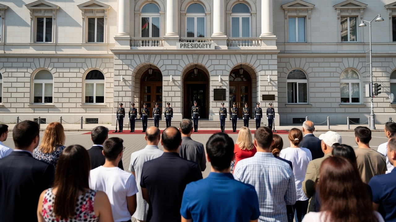 Хора, наблюдаващи смяната на караула пред Президентството в София.