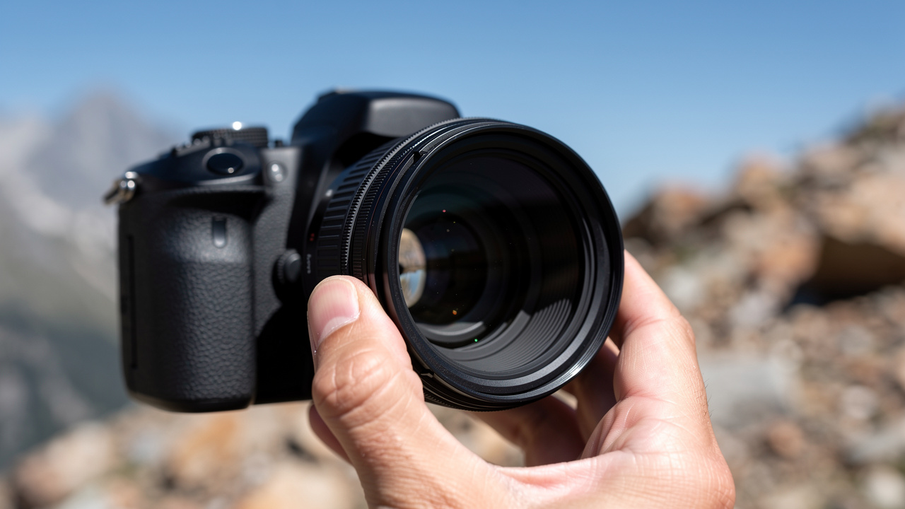 Attaching a polarizing filter to a camera lens in the mountains.