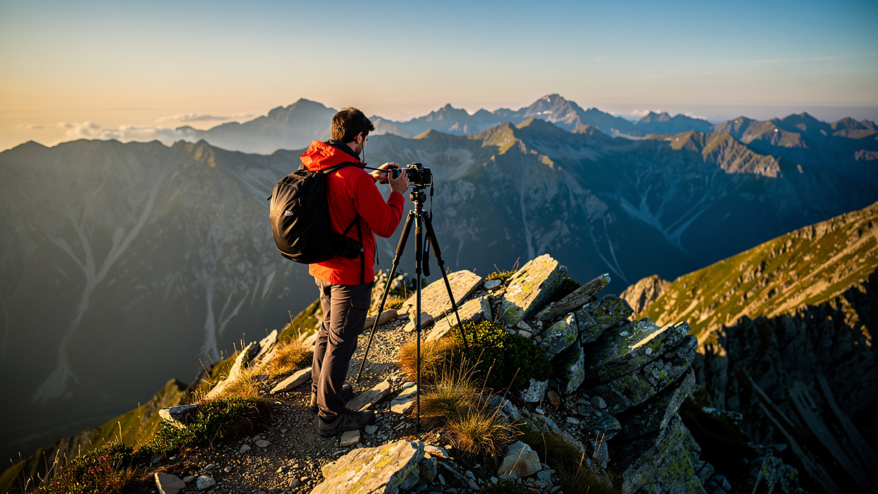 A hiker with a tripod photographing the mountain landscape on the way to Musala Peak.