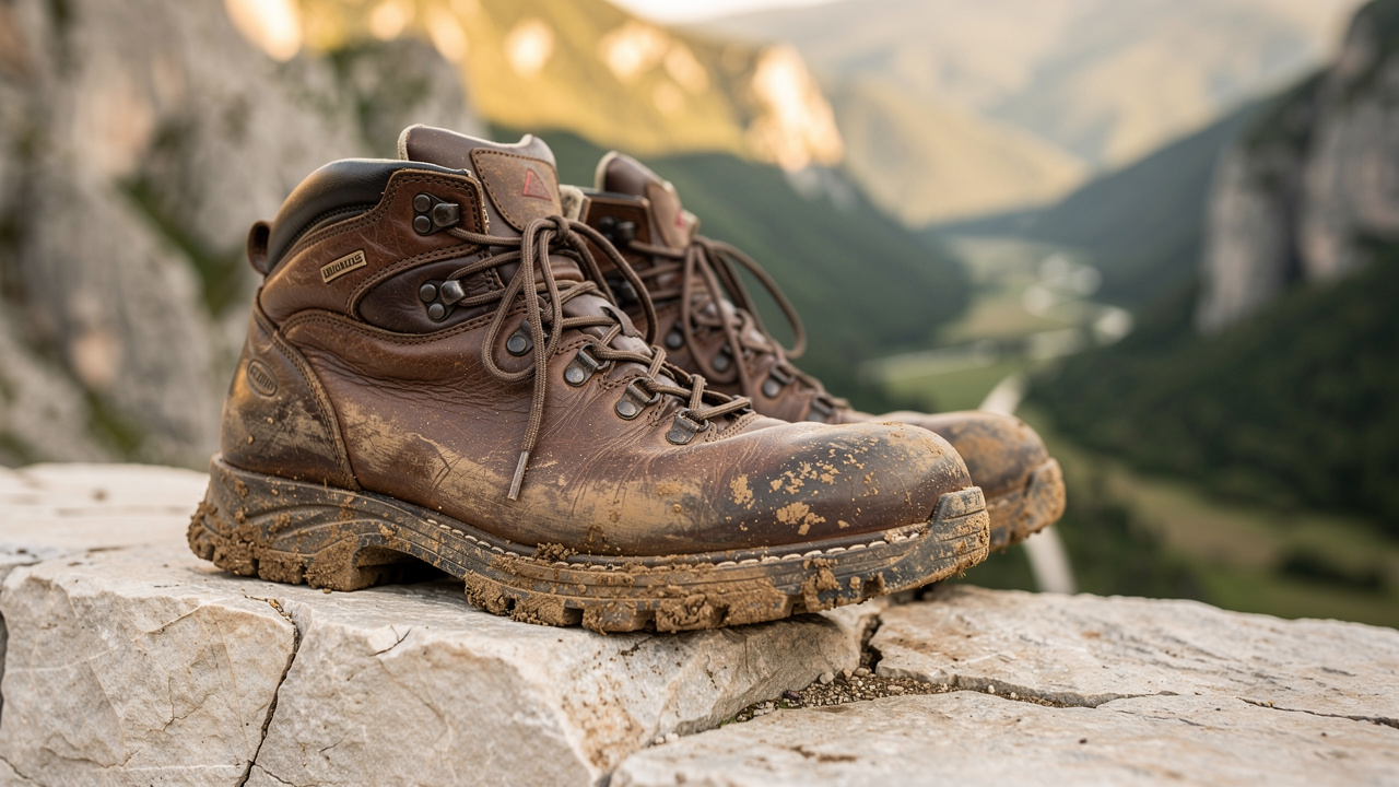 Hiking boots placed on limestone rock after a hike.