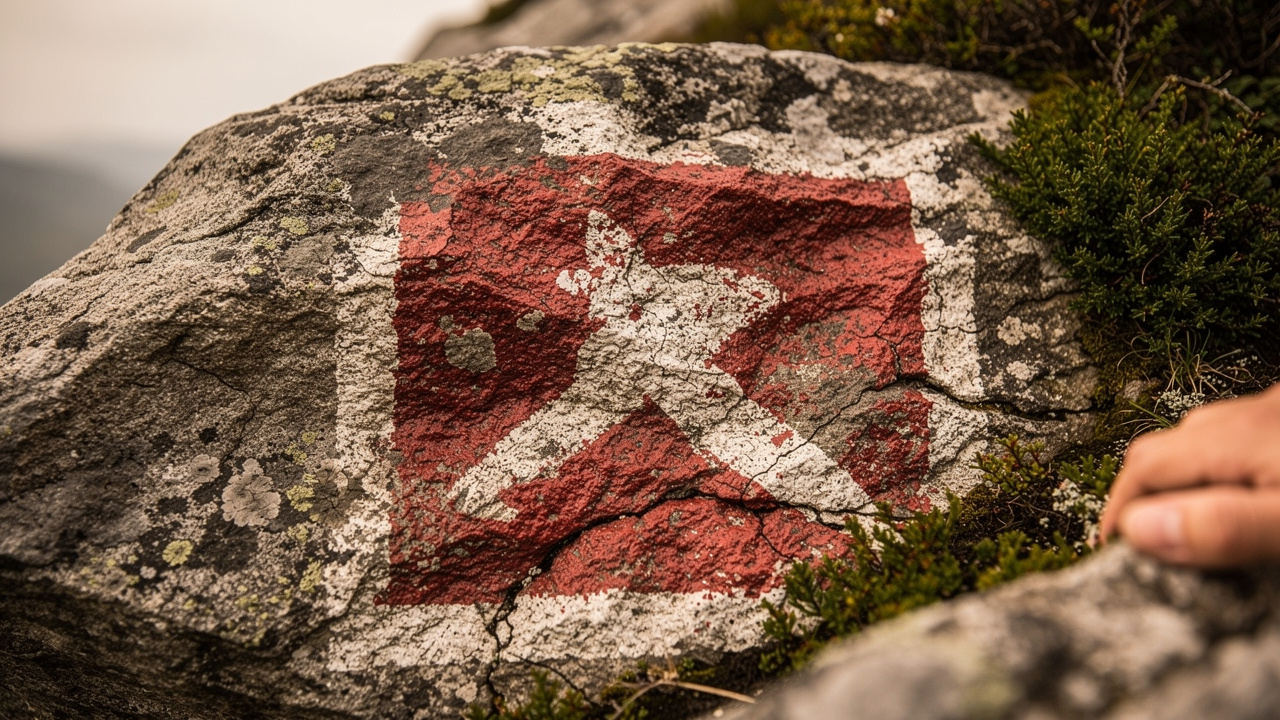 White-and-red hiking trail marker painted on limestone rock.