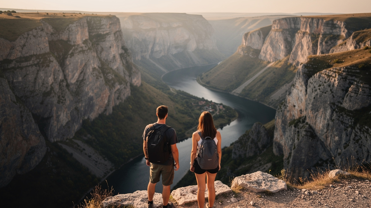 Two hikers enjoying the view of the gorge from a panoramic platform.