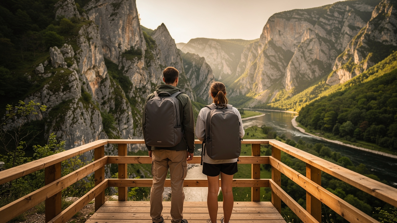 Hikers at a panoramic viewpoint overlooking the Iskar Gorge.