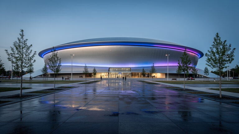 Модерната фасада на Arena Burgas, осветена в синьо вечерта.