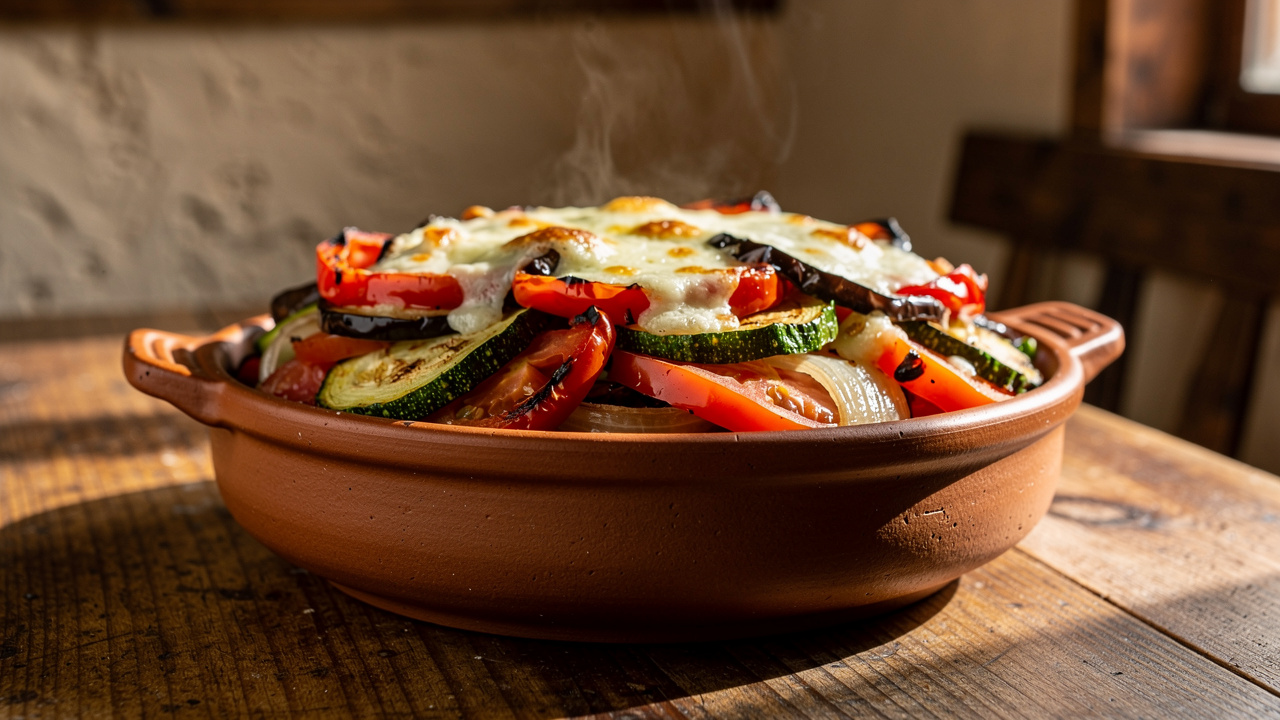 Traditional Bulgarian gyuveche dish served in a ceramic dish.