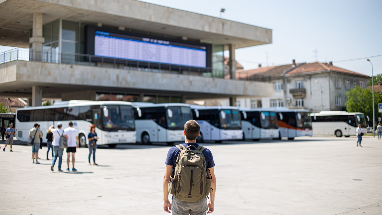 Passengers with backpacks waiting at a busy bus station in a Bulgarian city.