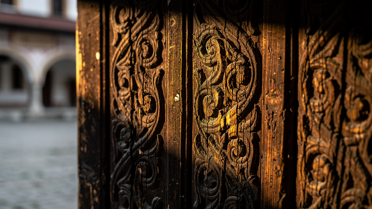 Close-up of a detailed wood carving on the gate of Rila Monastery.