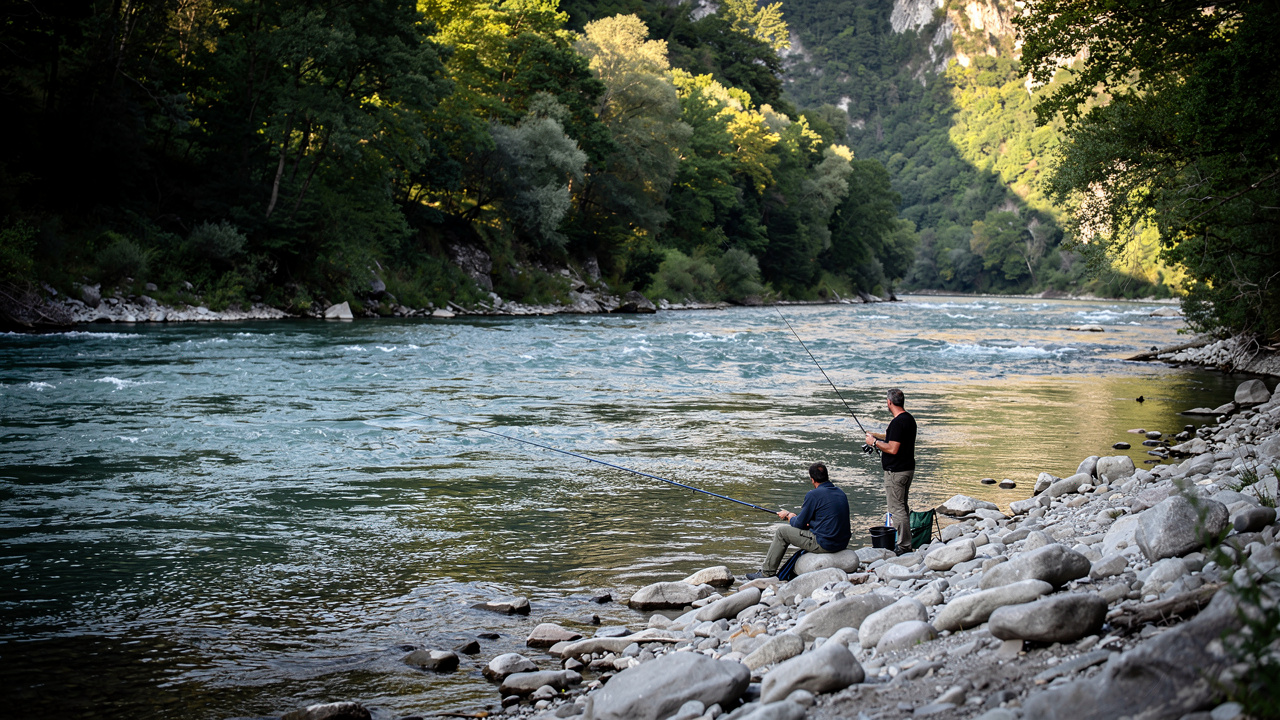 Two anglers standing on the bank of the Struma River in the late afternoon.