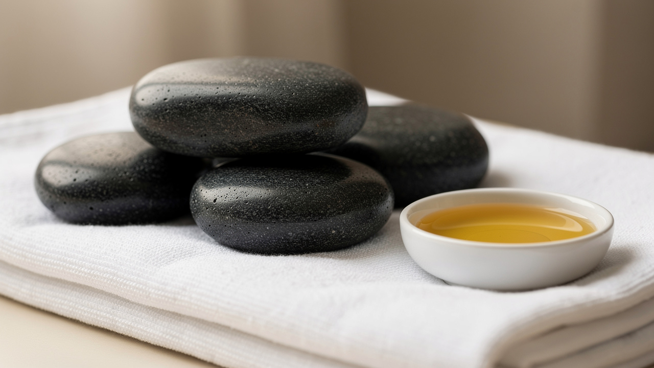 Close-up of black massage stones arranged next to a bowl of oil in a spa center.