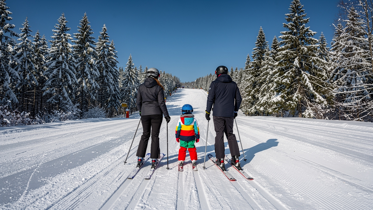 Family with a child skiing on a sunny slope in Pamporovo, Bulgaria.