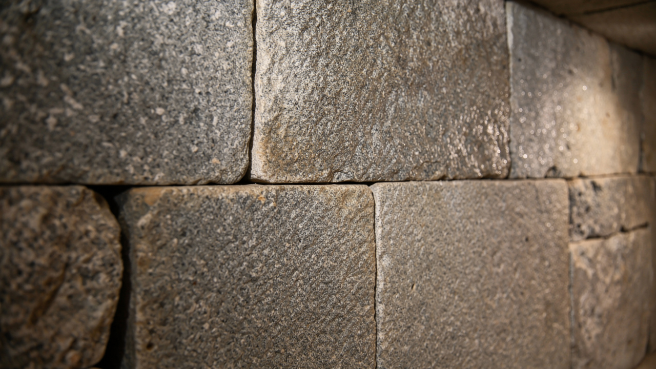 Close-up of the precisely carved granite blocks in the tomb's corridor.