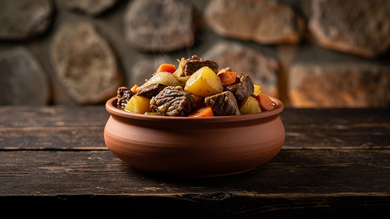 Traditional Bulgarian dish chumlek served in a clay pot in a traditional tavern.