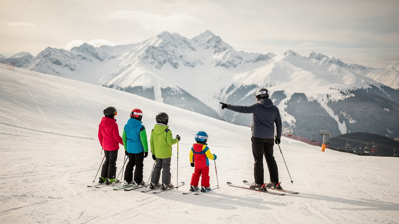 Beginner skiers during a lesson on a wide slope in Bansko.