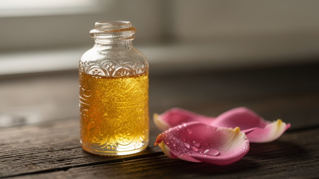 Close-up of a small bottle containing crystallized Bulgarian rose oil.