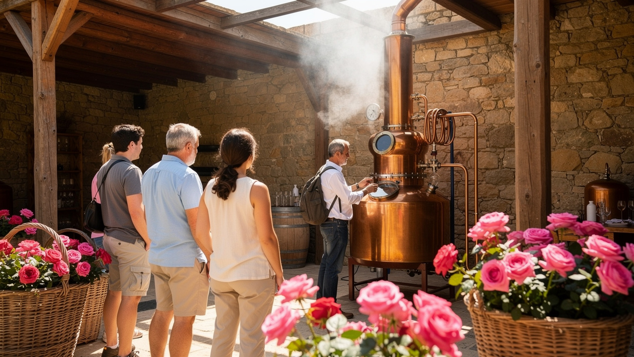 Tourists watching the rose oil distillation process in the Rose Valley.