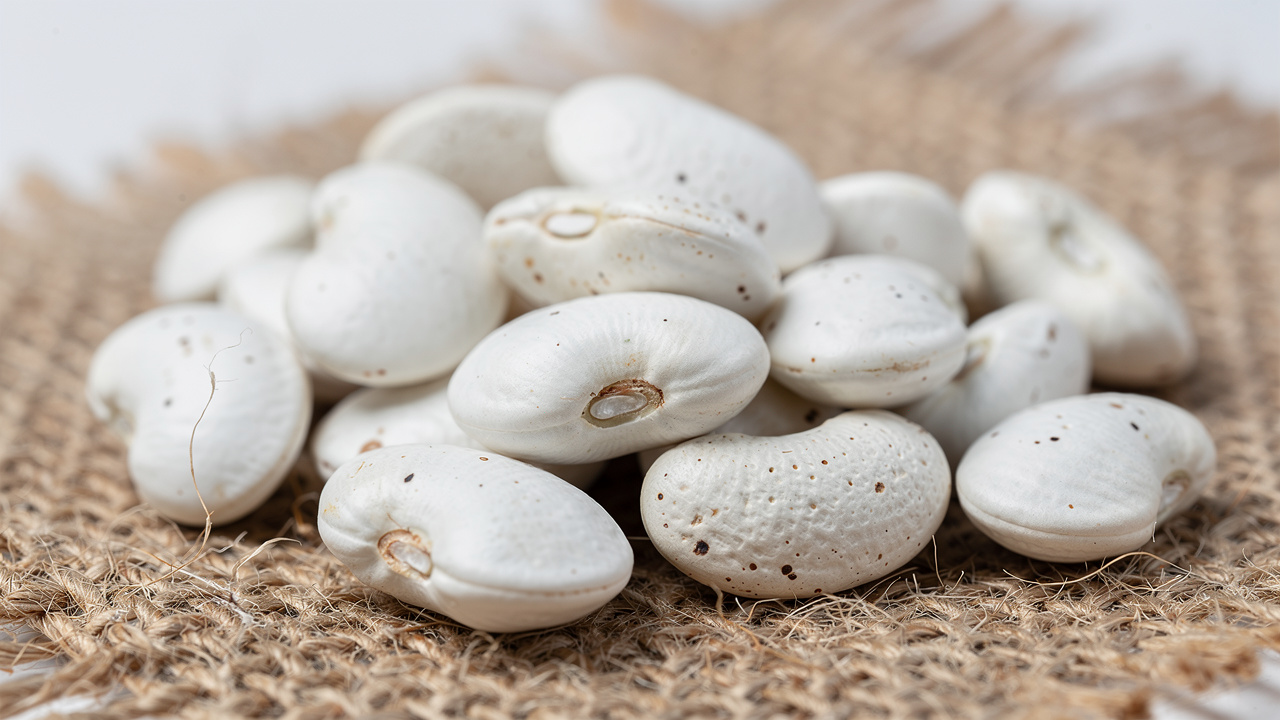 Close-up of raw Smilyan beans on a piece of cloth.