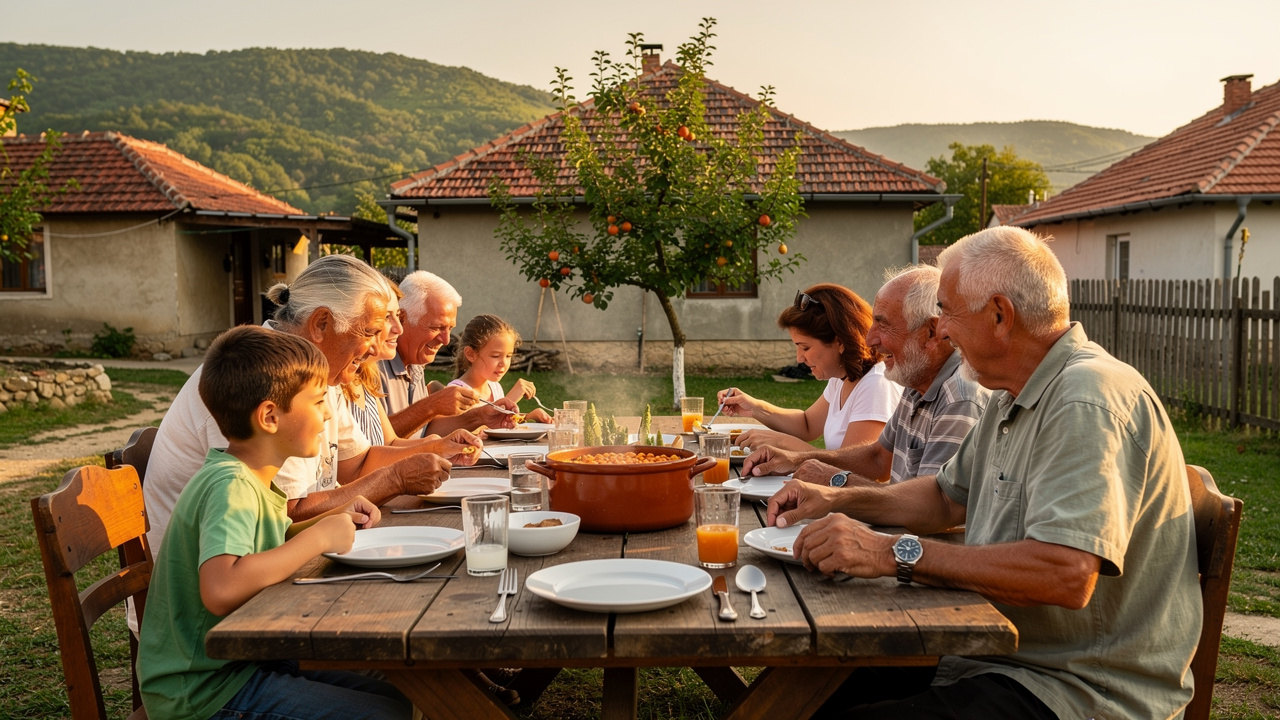 Family eating outdoors around a pot of baked beans.