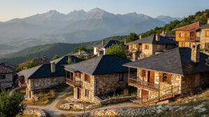 Панорамна гледка към село Лещен с характерните каменни покриви на фона на Пирин планина.