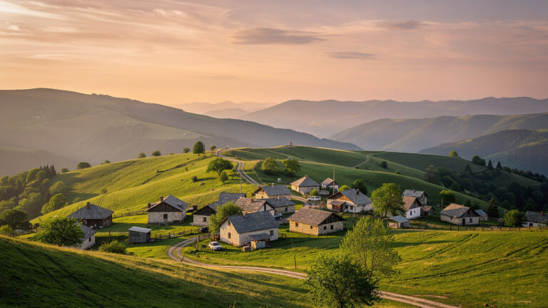 Панорамна гледка към село Манастир в Родопите по залез слънце.
