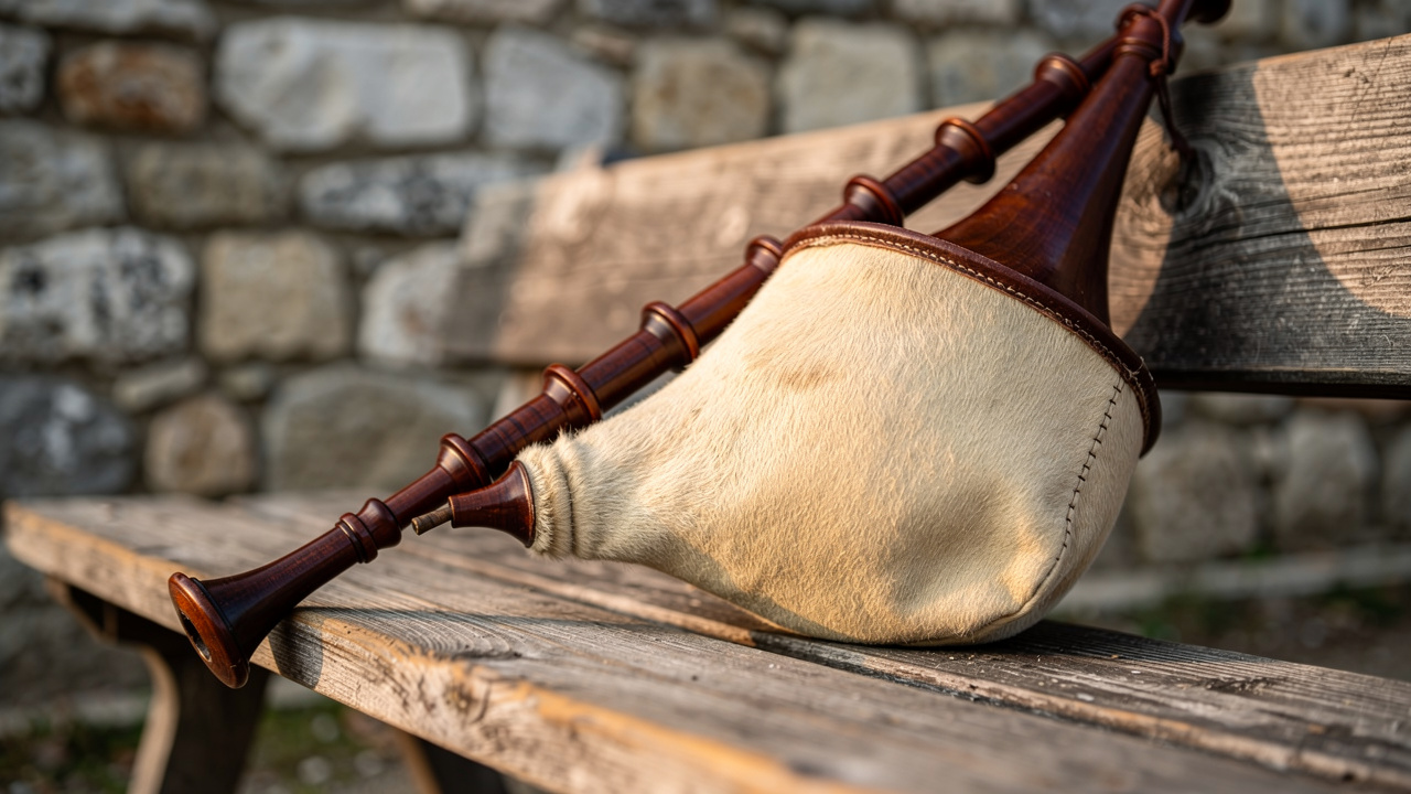 Traditional Bulgarian bagpipe left on a wooden bench beside a stone wall.