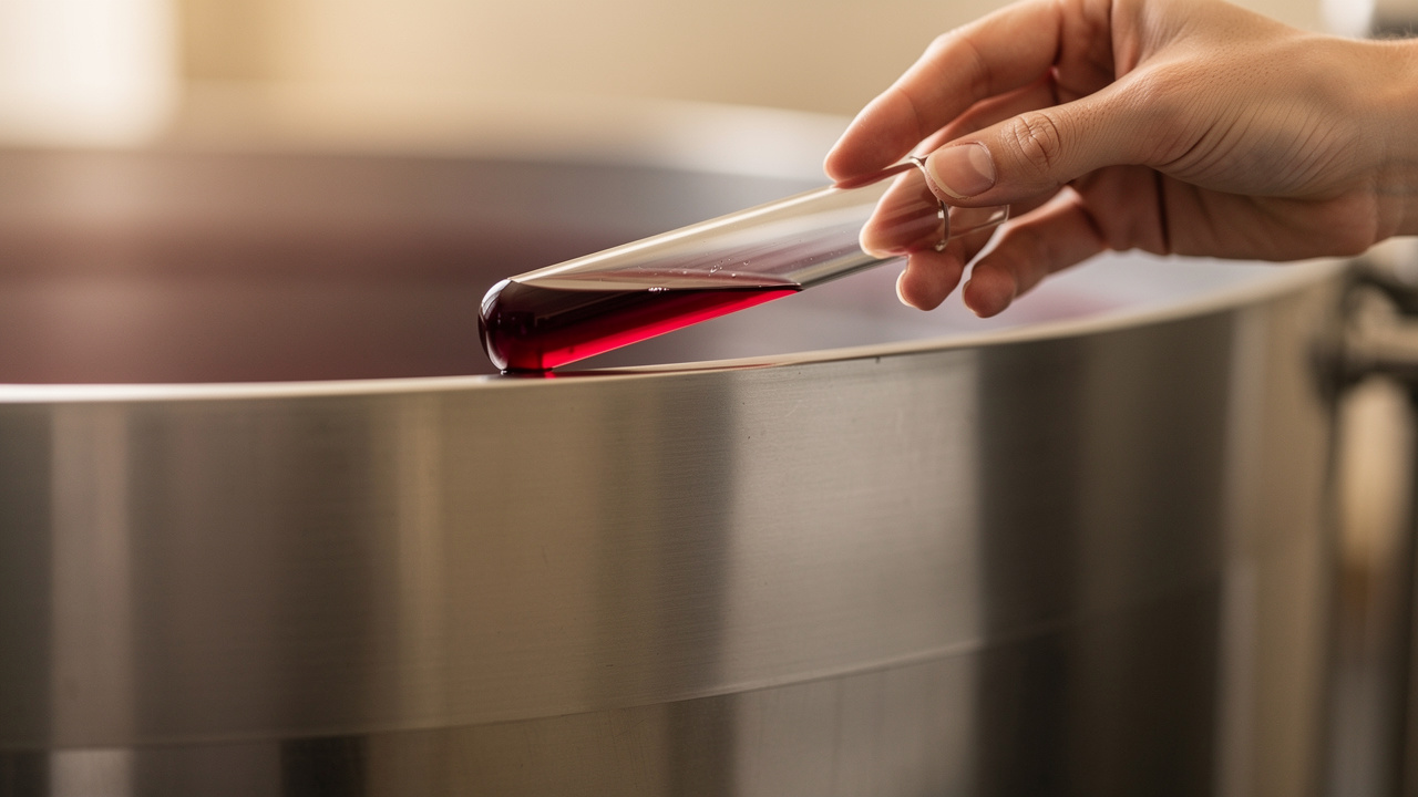 A wine sampling tool immersed in a vessel of young red wine.