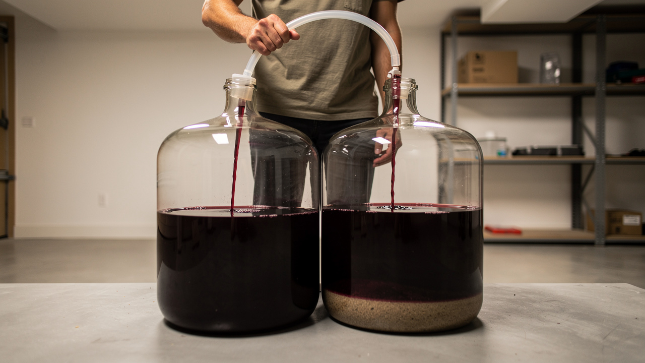Homemade red wine being racked off the sediment.