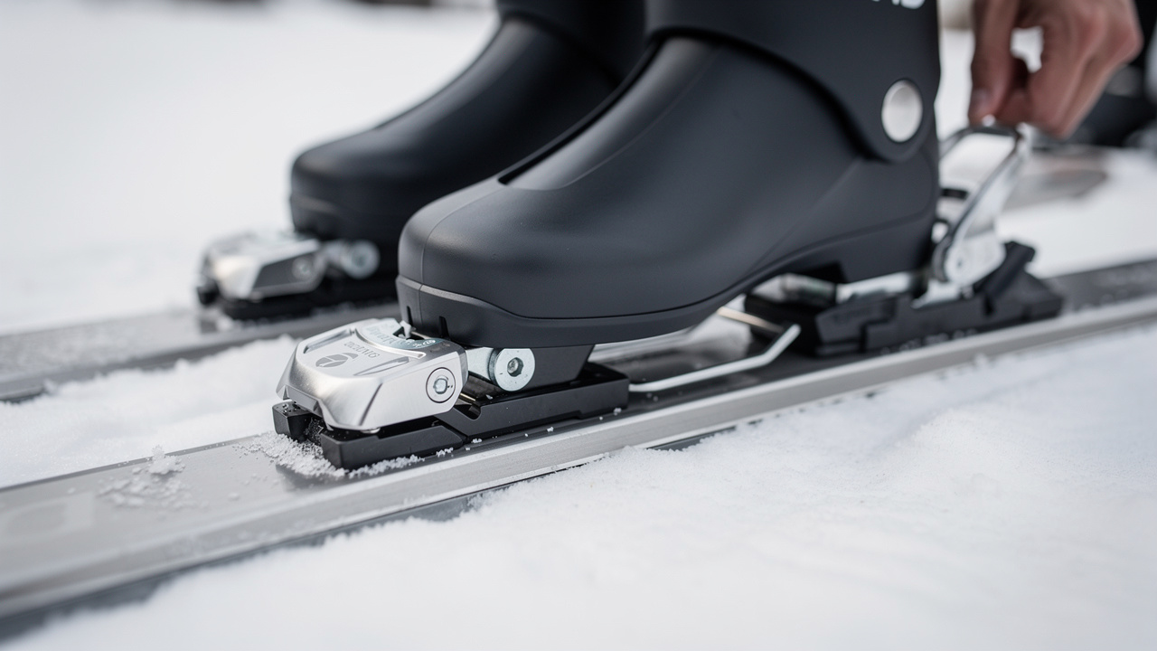 A pair of modern ski boots clipped into skis in the snow.